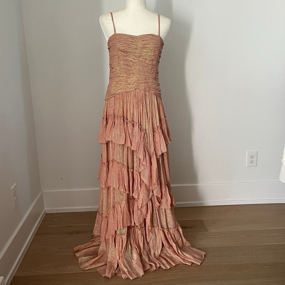 Anthropologie x BHLDN Jessa Asymmetrical Ruffled Metallic Drop Waist Gown 0 - Picture 9 of 15